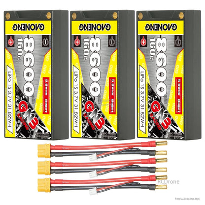Three hard case batteries with three lead sets, yellow plug to 5mm bullet connectors