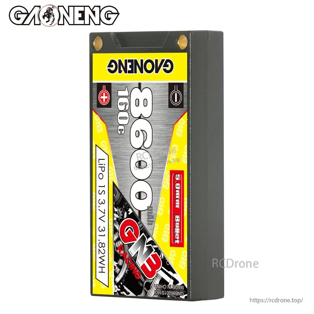 Hard case battery standing upright, front label showing 8600mAh 160C and 1S 3.7V