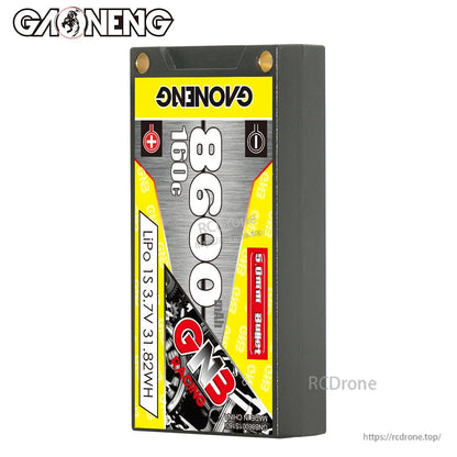 Hard case battery standing upright, front label showing 8600mAh 160C and 1S 3.7V