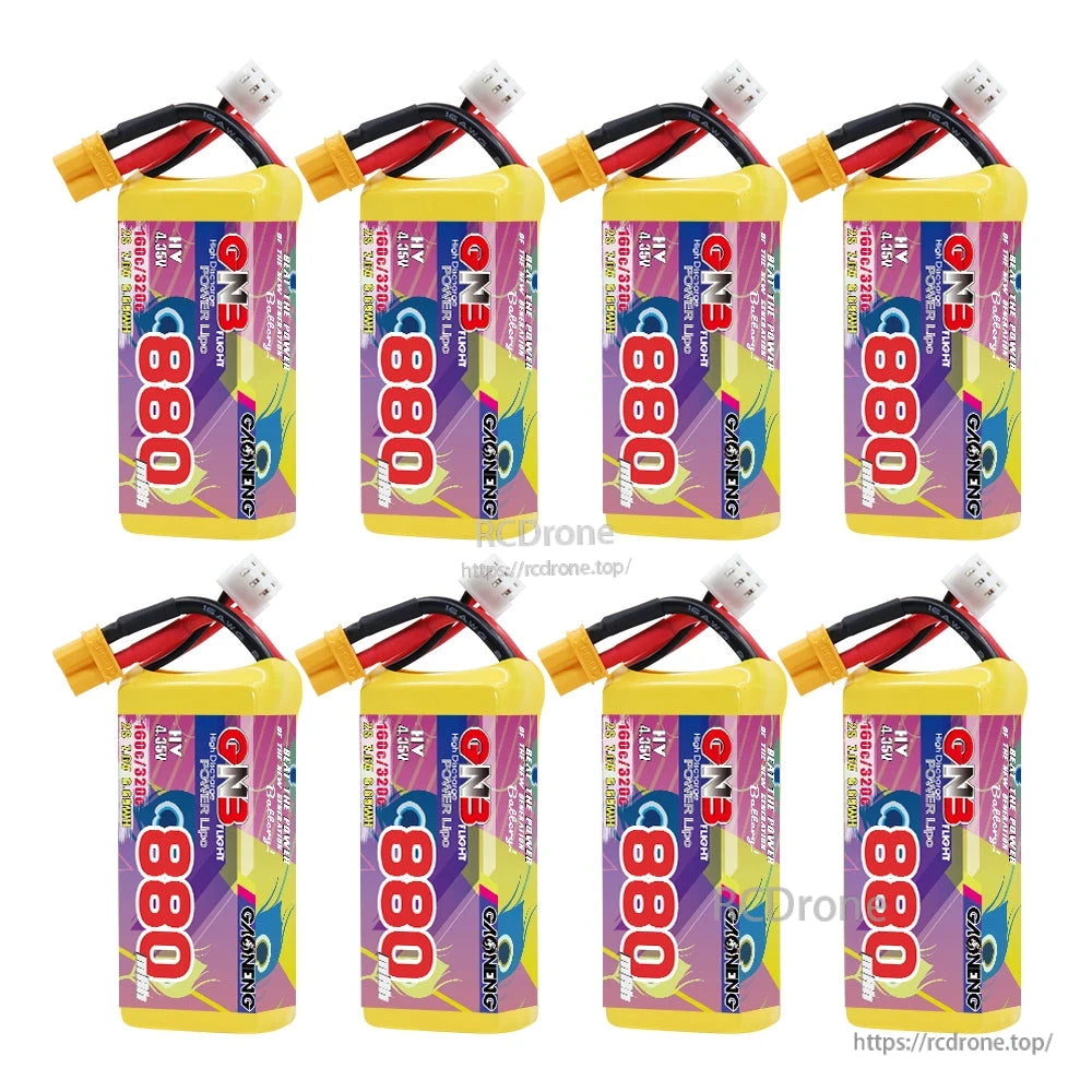 Eight GAONENG GNB 880mAh batteries shown in grid layout with XT30 connectors