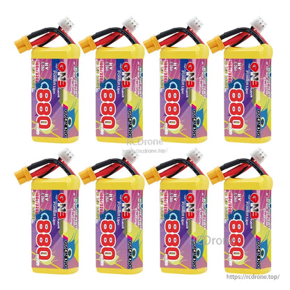 Eight GAONENG GNB 880mAh batteries shown in grid layout with XT30 connectors
