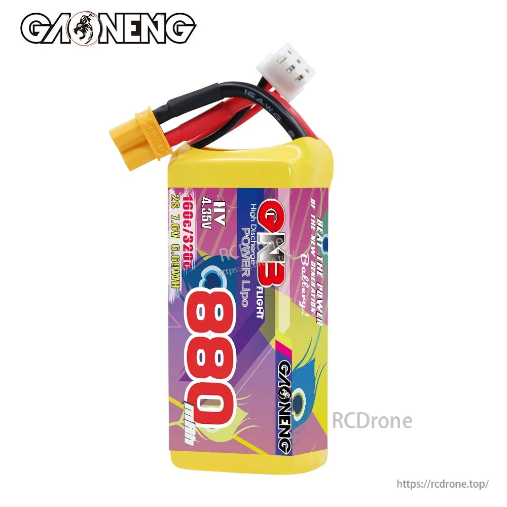 GAONENG GNB 880mAh battery front view showing large 880 label, XT30 lead and balance plug