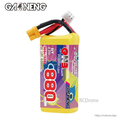 GAONENG GNB 880mAh battery front view showing large 880 label, XT30 lead and balance plug