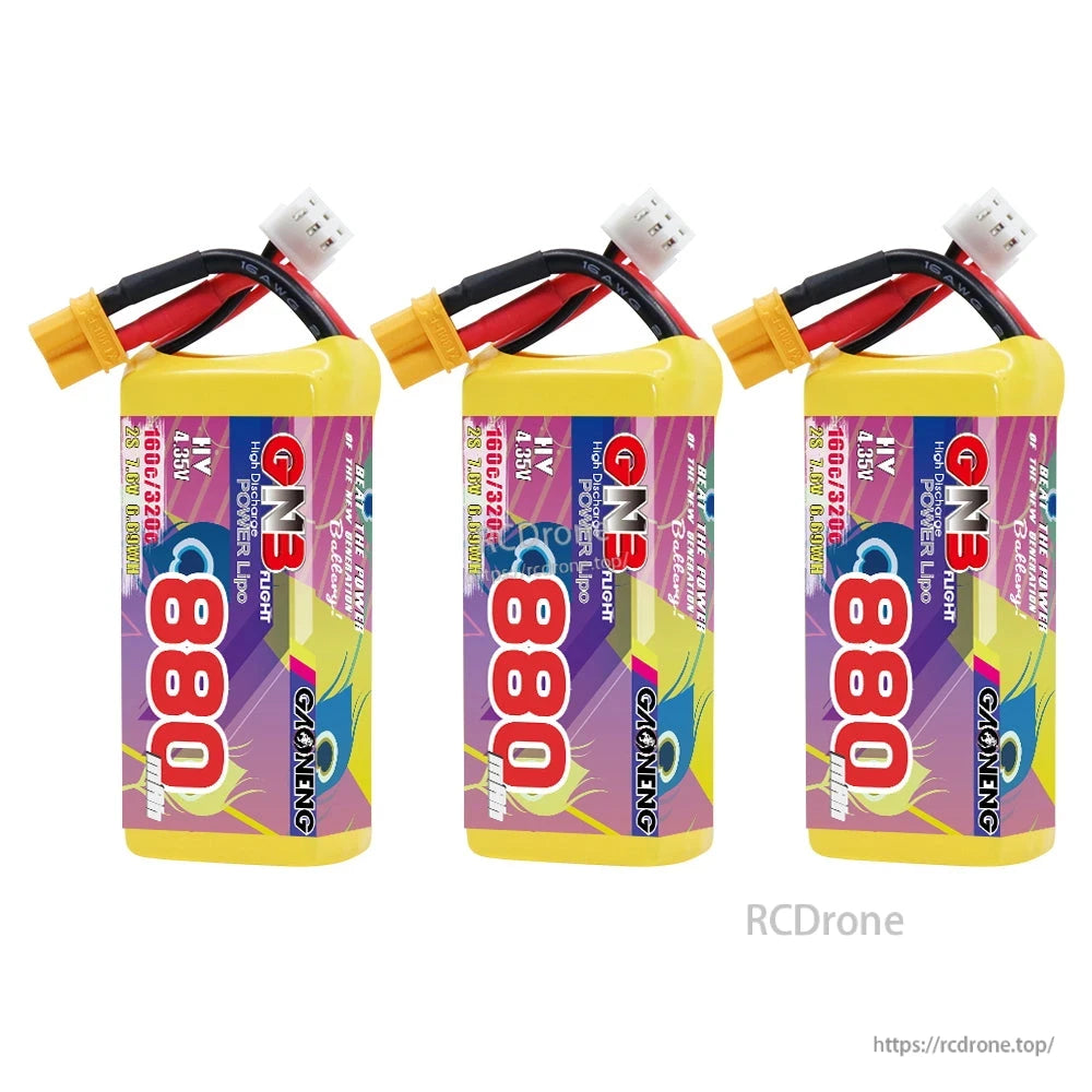 Three GAONENG GNB 880mAh batteries standing upright with XT30 connectors