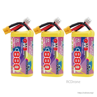 Three GAONENG GNB 880mAh batteries standing upright with XT30 connectors