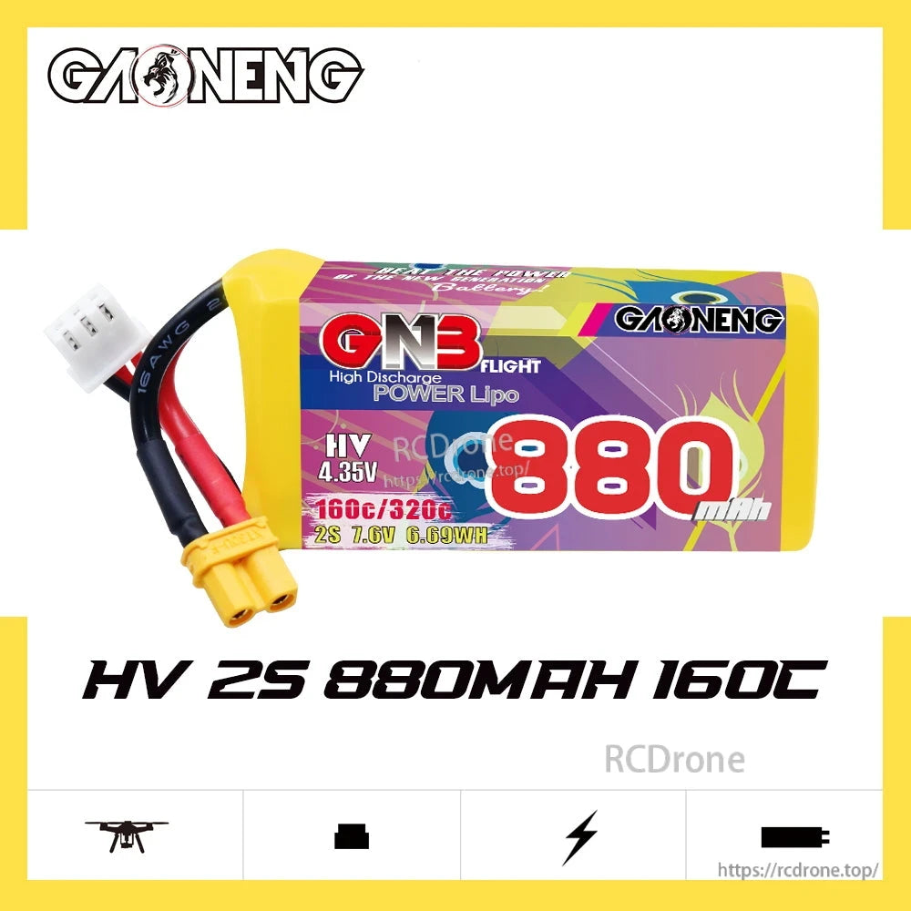 GAONENG GNB HV 2S 880mAh 160C battery product graphic on white background