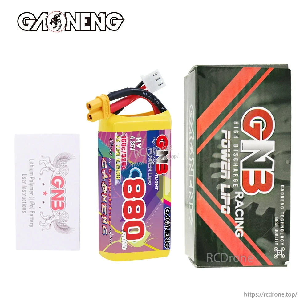 Battery, retail box, and instruction card shown together for GNB 880mAh LiPo