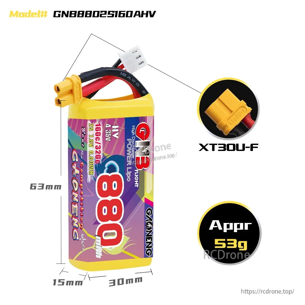 GNB8802S160AHV battery dimensions diagram with XT30U-F connector and approx 53g weight