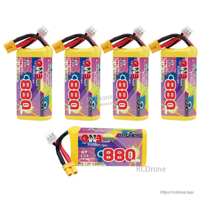 Four upright GNB 880mAh batteries plus one horizontal battery showing label and XT30 plug
