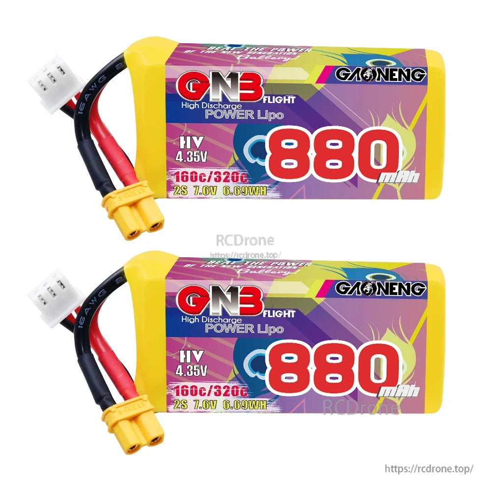 Two GNB 880mAh 2S LiHV batteries shown horizontally with XT30 connectors