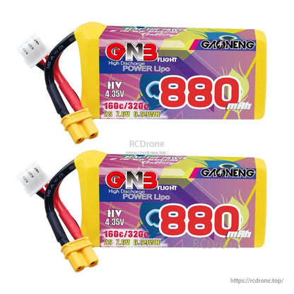 Two GNB 880mAh 2S LiHV batteries shown horizontally with XT30 connectors