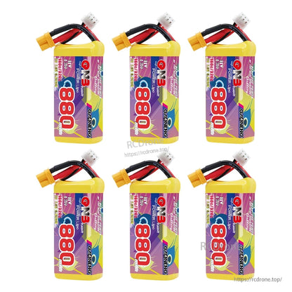 Six GAONENG GNB 880mAh batteries displayed in two rows with connectors visible