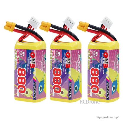 Three-pack display of GAONENG GNB 880mAh 3S LiHV batteries with XT30 connectors