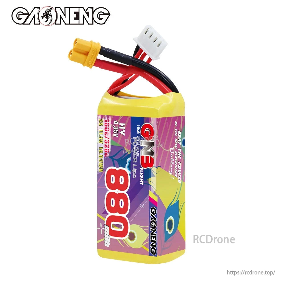 GAONENG GNB 880mAh LiHV battery upright view showing XT30 main lead and white balance plug