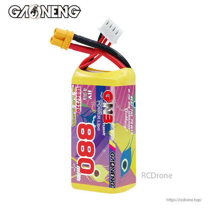 GAONENG GNB 880mAh LiHV battery upright view showing XT30 main lead and white balance plug