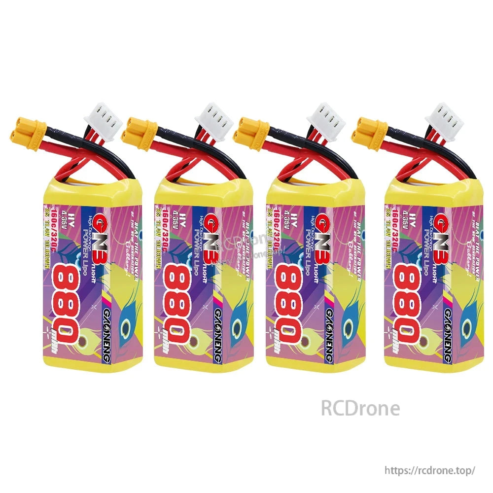 Four GAONENG GNB 880mAh 3S LiHV batteries lined up, each with XT30 plug and balance lead