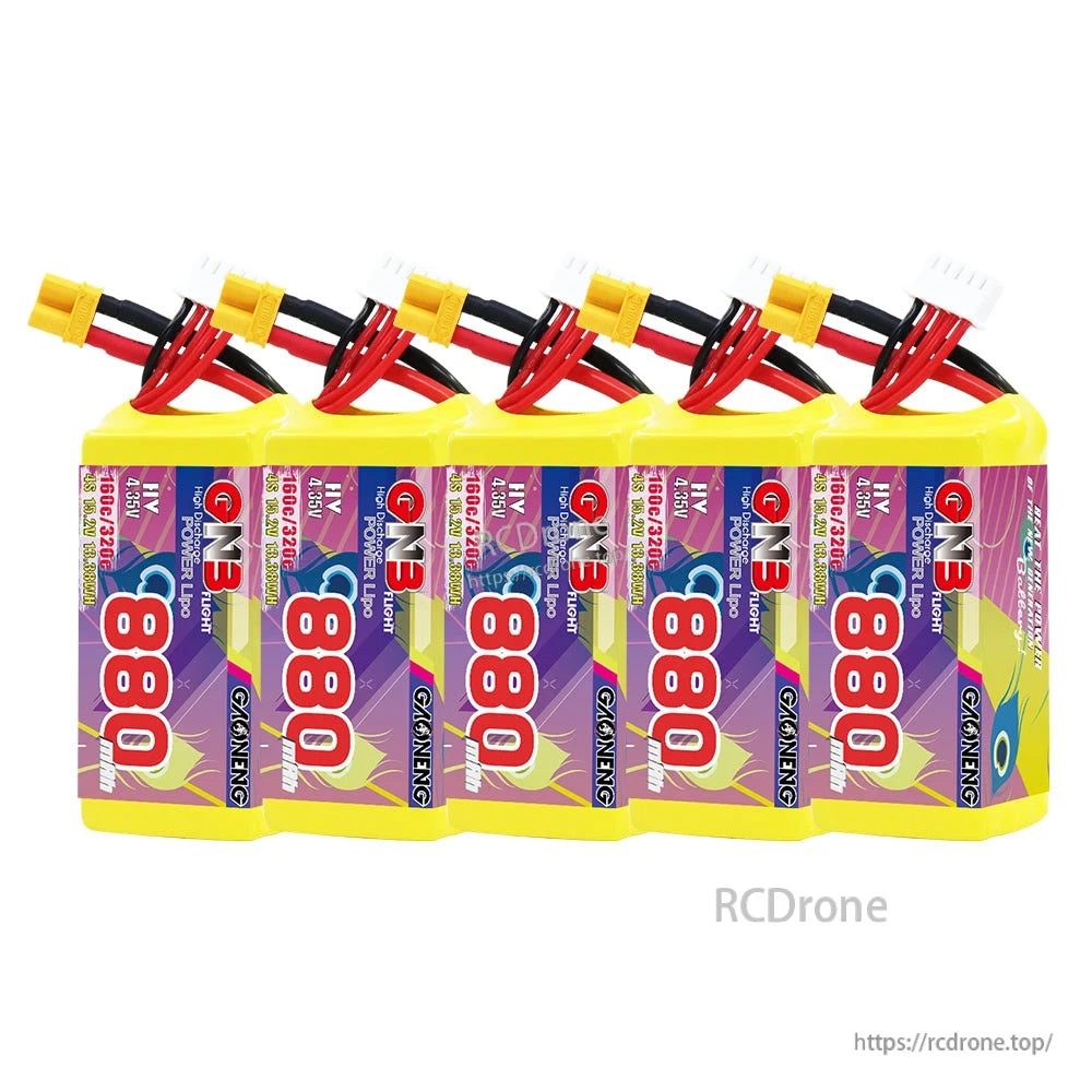 Five GAONENG GNB 880mAh batteries in a row, front label view with XT30 and balance leads