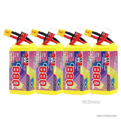Four GAONENG GNB 880mAh batteries lined up, showing XT30 leads and front labels