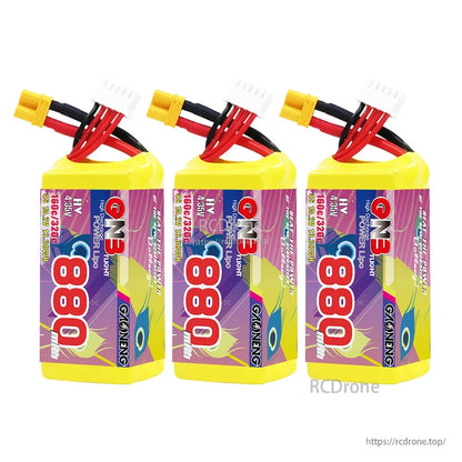 Three GAONENG GNB 880mAh batteries shown together, front label view