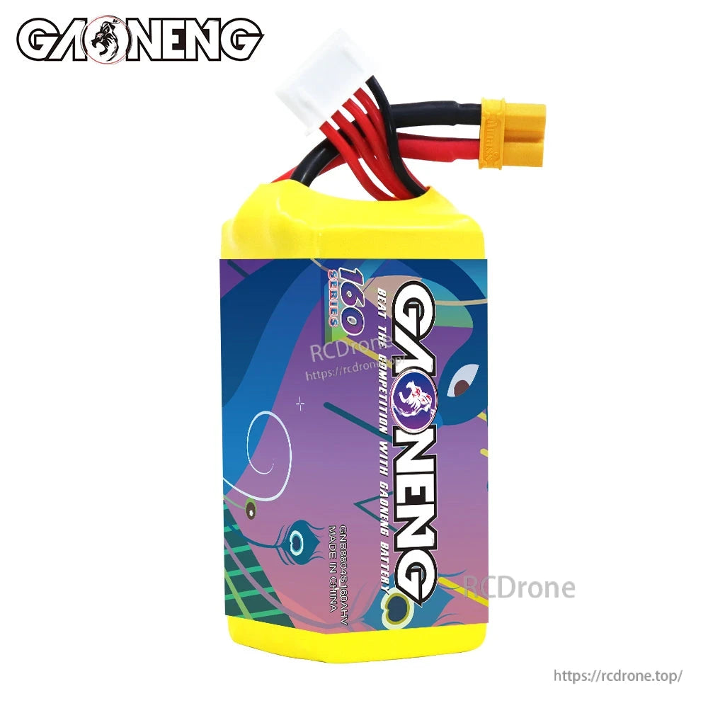 Side/back view of GAONENG GNB battery showing logo wrap and wire exit at top