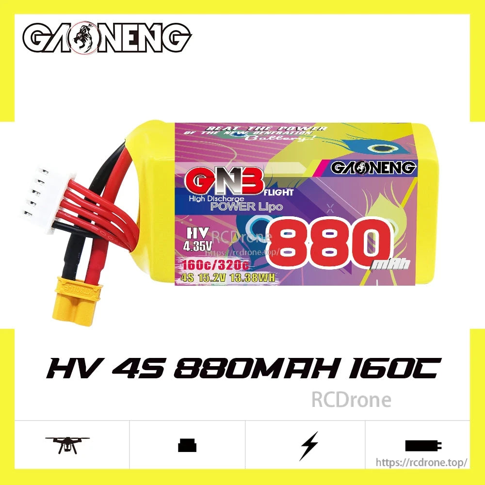 GAONENG GNB HV 4S 880mAh 160C battery promo graphic with product photo on white background