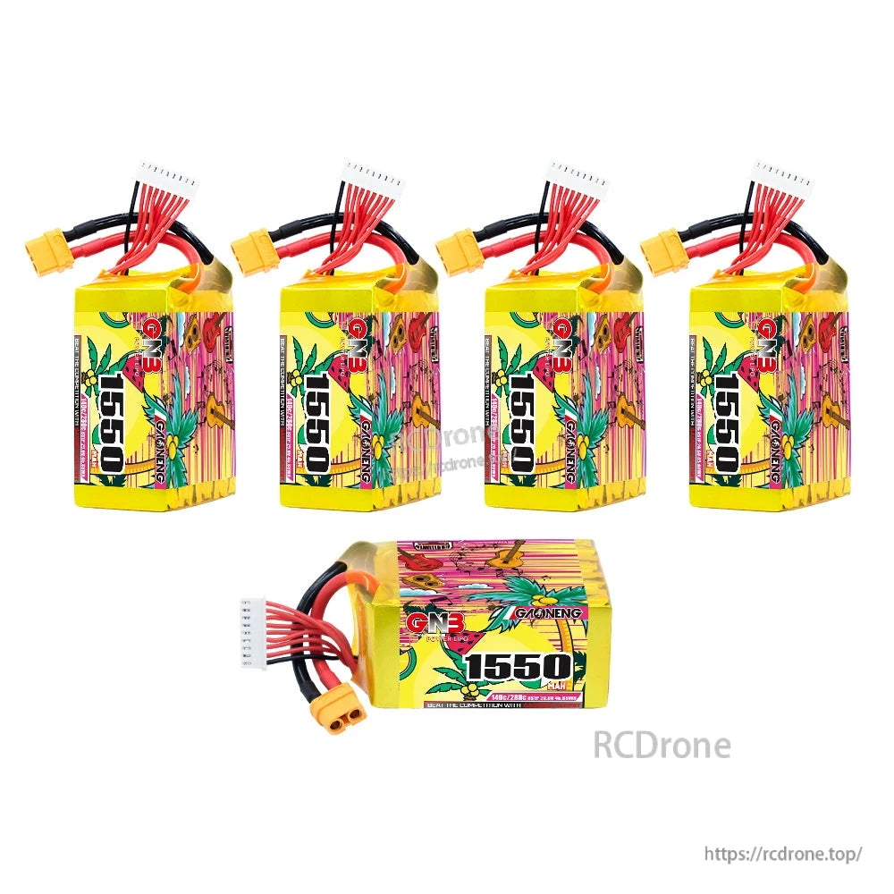 Group photo: four batteries upright plus one battery shown sideways with label and XT60 connector