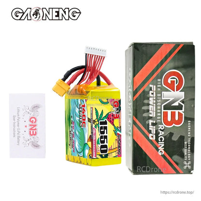 Package contents: GNB 1550mAh battery, retail box, and small instruction leaflet