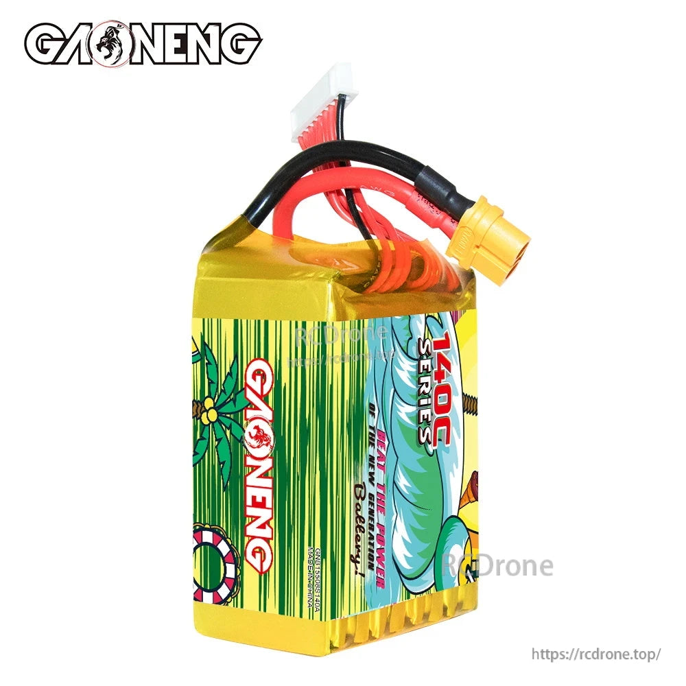 Rear/side view showing GAONENG branding panel, gold shrink wrap, and top lead exits