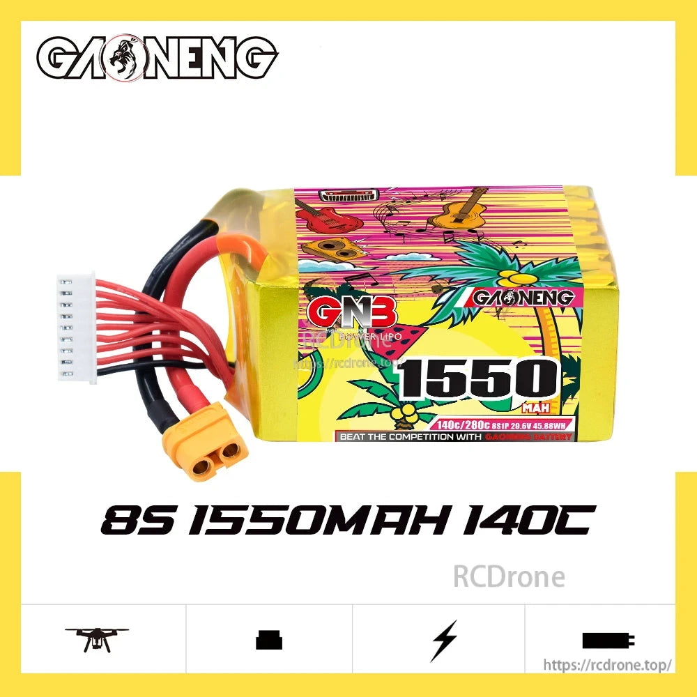 GAONENG GNB 8S 1550mAh 140C XT60 graphene LiPo battery promo graphic with model text