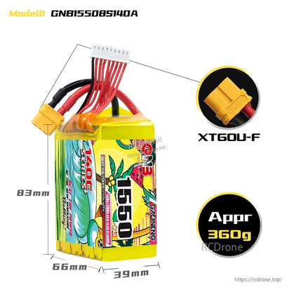 Battery dimension diagram with XT60U-F connector detail, approx weight 360g, and size callouts