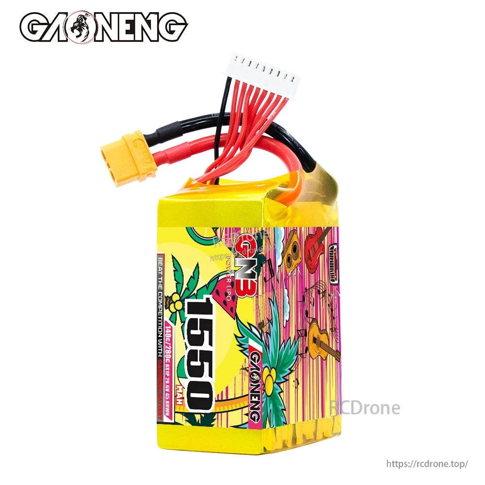 Front face view of 1550 label on GNB pack with XT60 plug and white balance connector on top