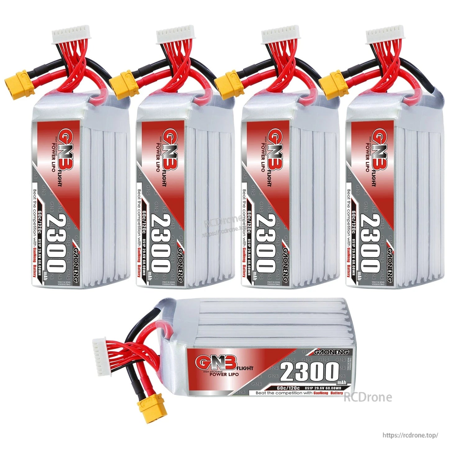 Five GNB 2300mAh LiPo batteries shown together—four upright and one horizontal