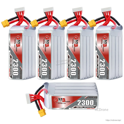 Five GNB 2300mAh LiPo batteries shown together—four upright and one horizontal