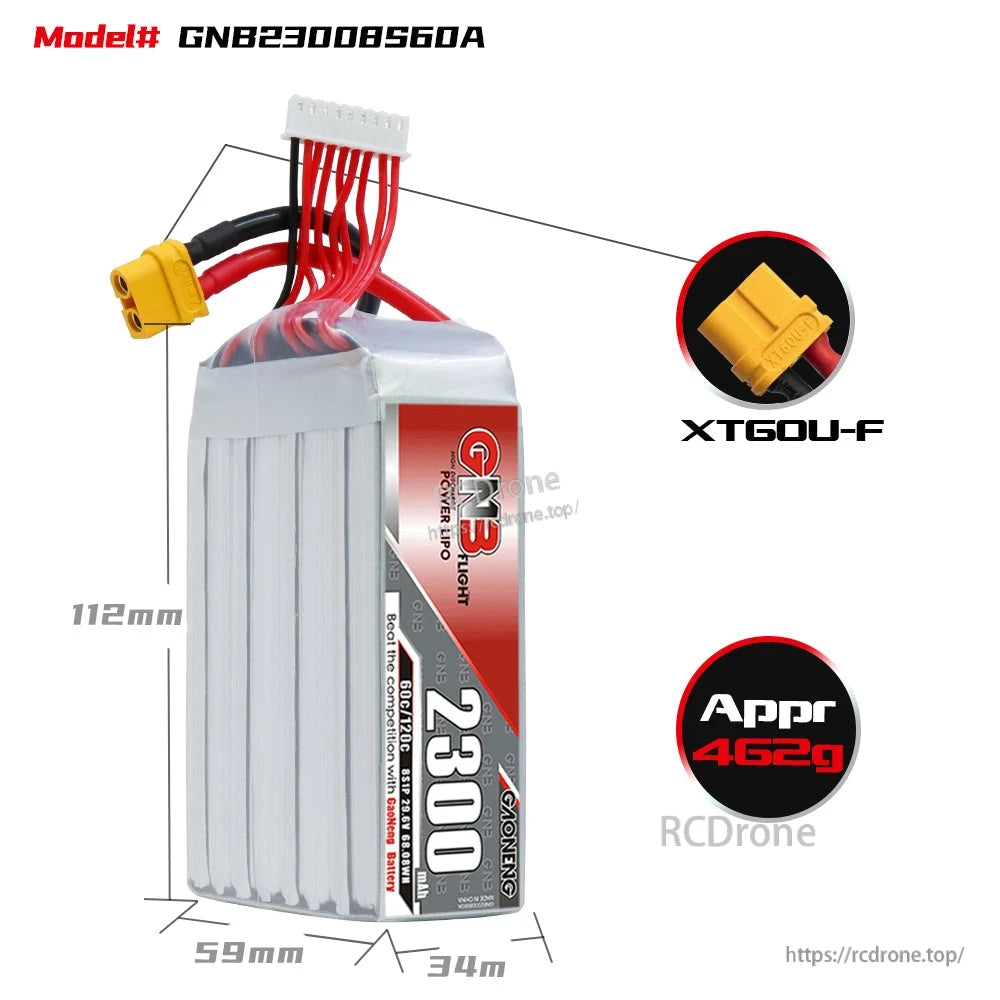 GNB23008S60A LiPo battery dimensions 112×59×34mm, XT60U-F connector, approx weight 462g
