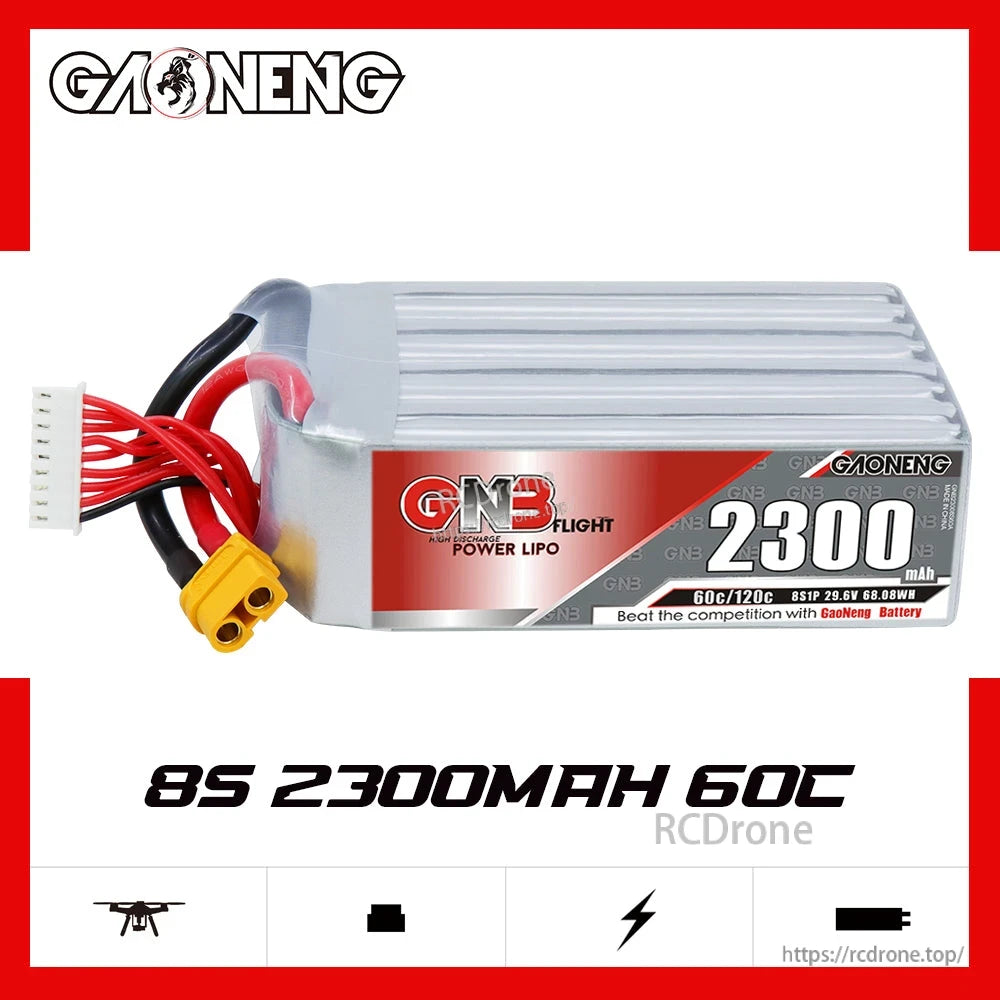 GAONENG GNB 8S 2300mAh 60C battery promo graphic showing pack side profile and specs text