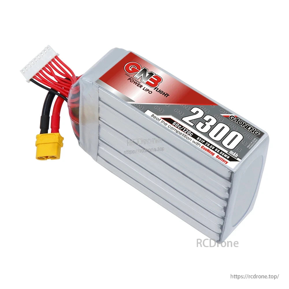 Angled side view of GNB 2300mAh LiPo battery showing ribbed casing and label panel