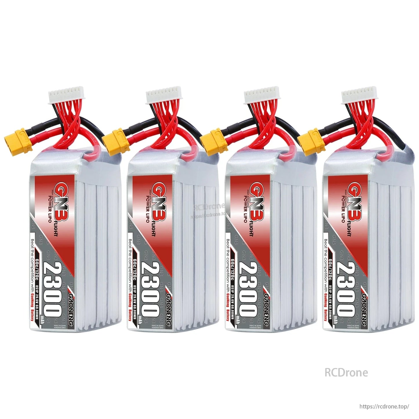 Four-pack lineup of GNB 2300mAh LiPo batteries with XT60 connectors and balance plugs