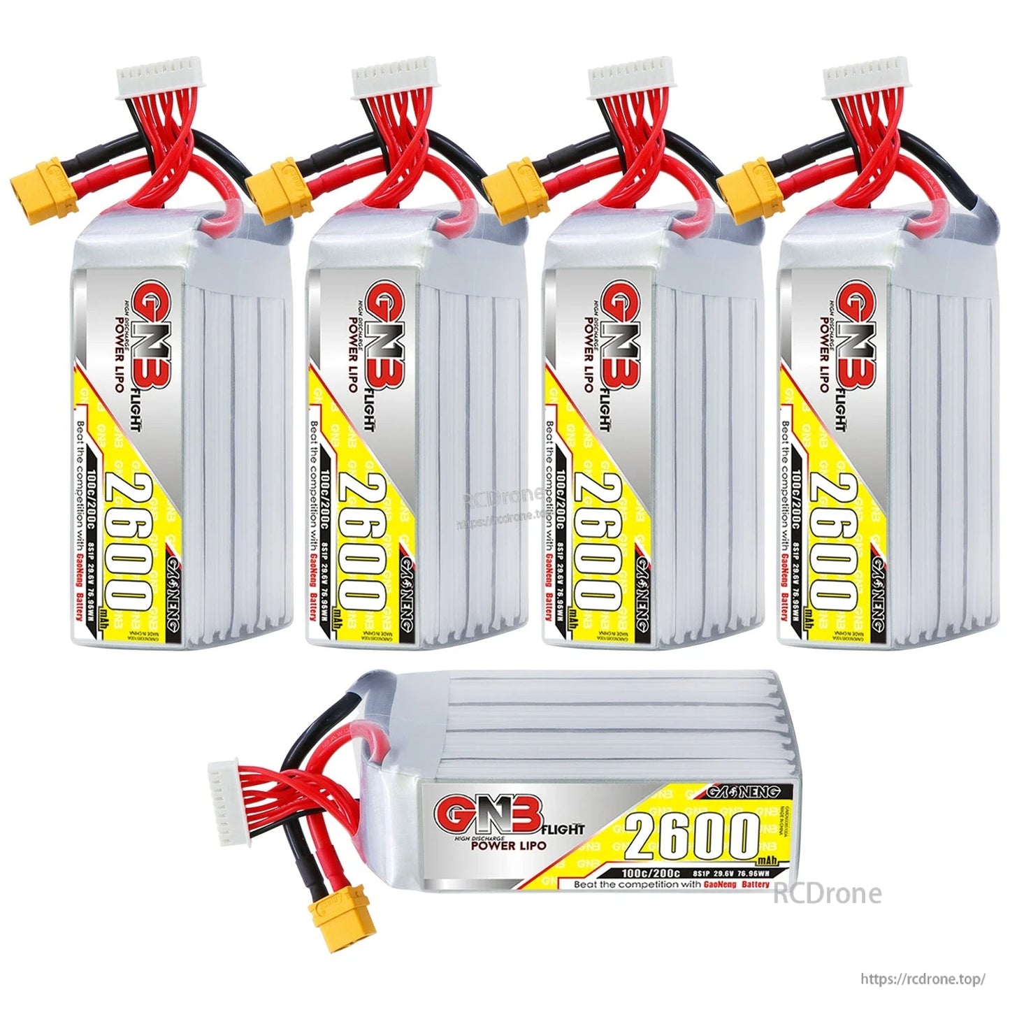 Multi-pack display: four upright GNB 2600mAh 8S LiPo batteries plus one horizontal battery