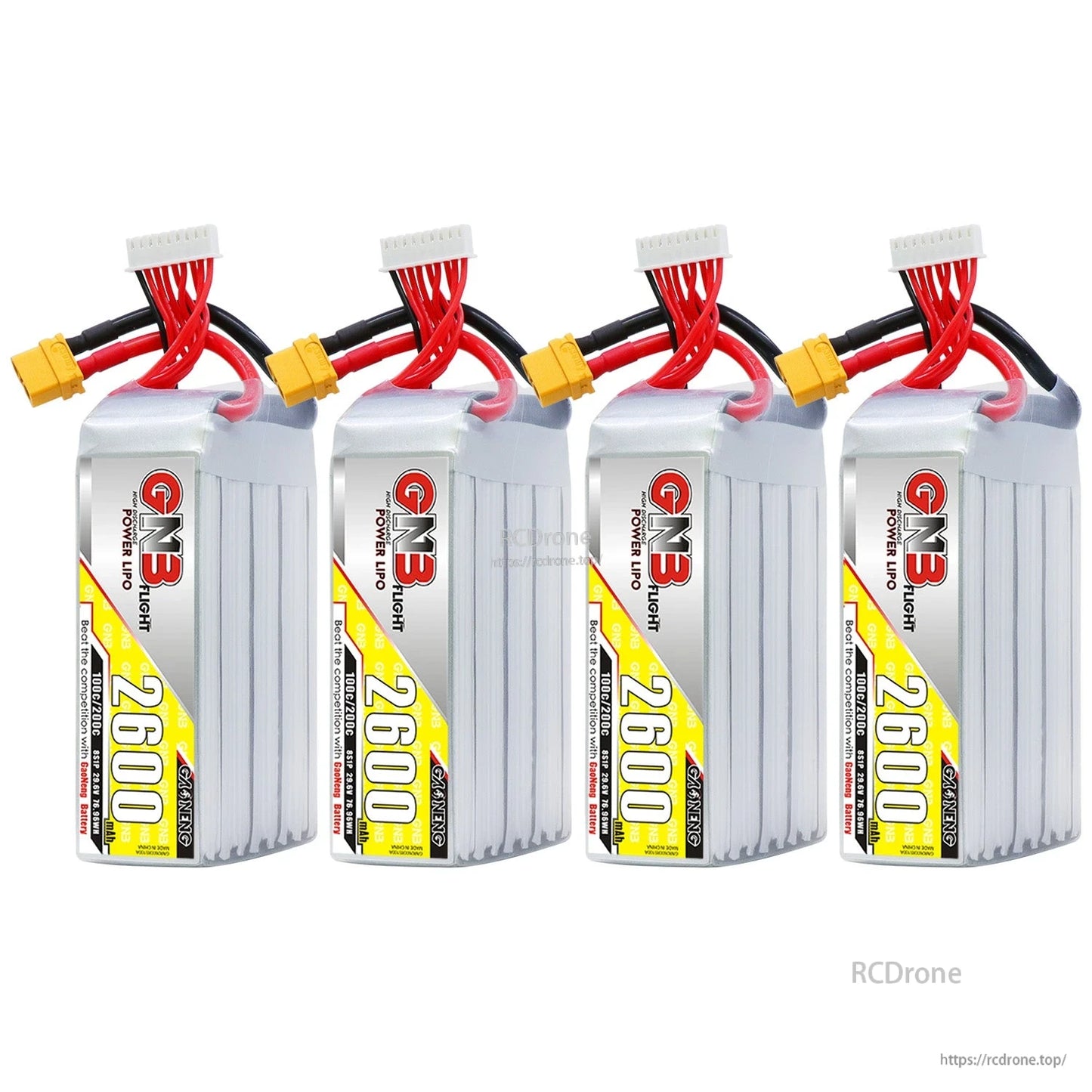 Four GNB 2600mAh 8S LiPo batteries lineup showing labels and XT60U-F connectors