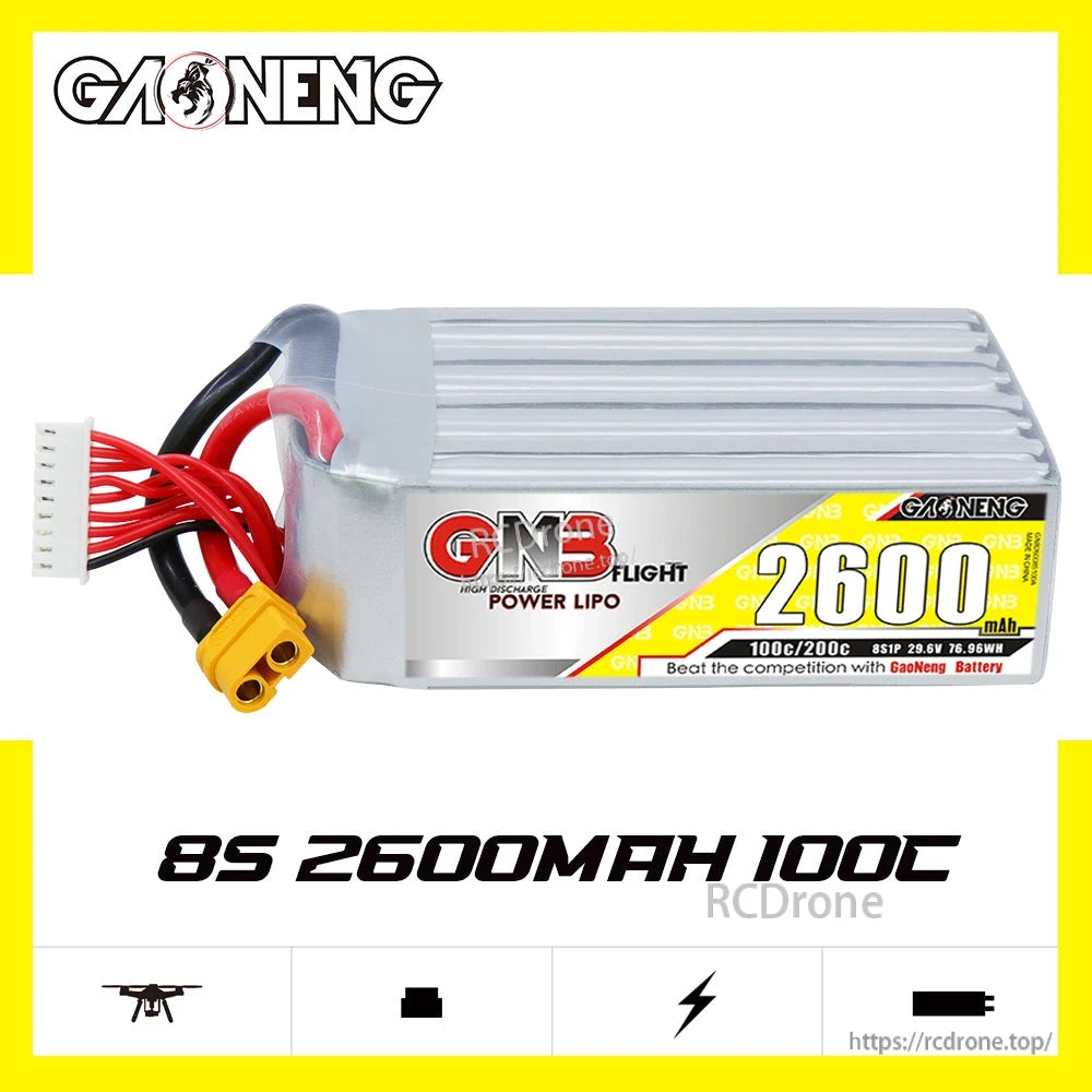 GAONENG GNB 8S 29.6V 2600mAh 100C LiPo Battery side view graphic with capacity label