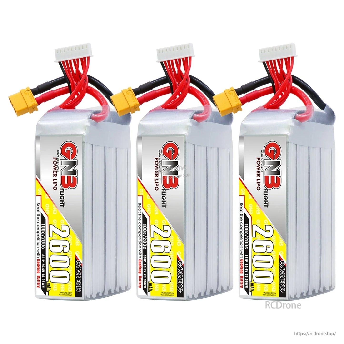 Three GNB 2600mAh 8S LiPo batteries lineup with XT60U-F connectors and balance plugs