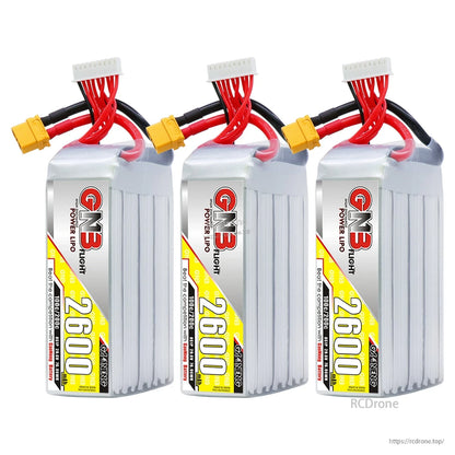 Three GNB 2600mAh 8S LiPo batteries lineup with XT60U-F connectors and balance plugs