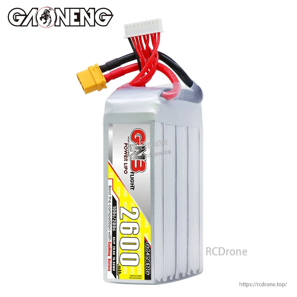 Upright view of GNB 2600mAh 8S LiPo showing front label and top wire exit