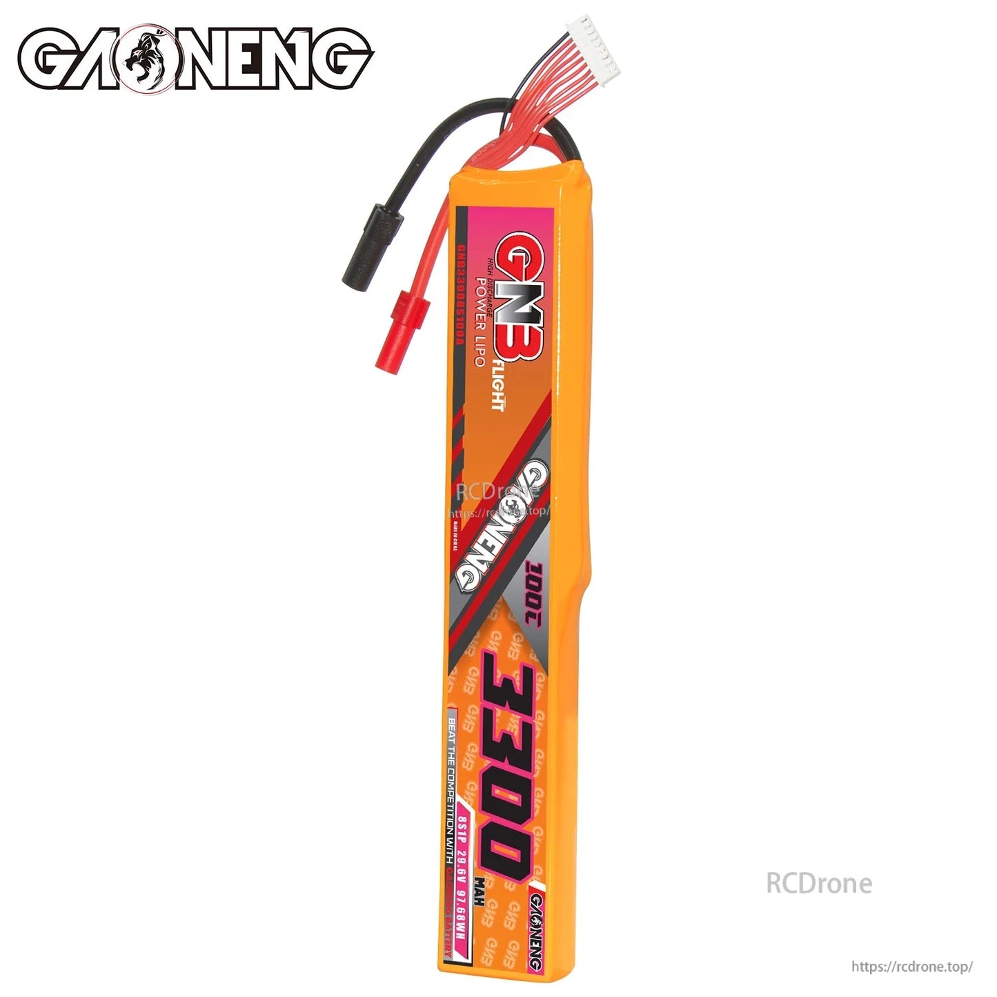 GAONENG GNB 8S 3300mAh 100C LiPo battery upright view with balance plug and discharge lead