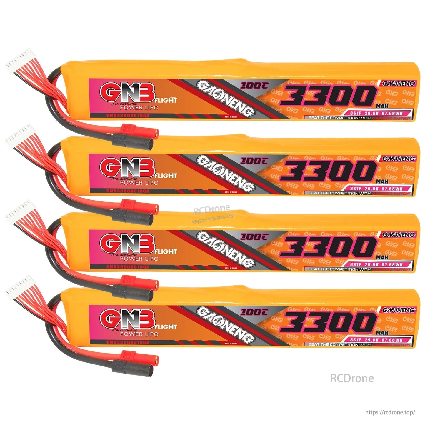 Four GAONENG GNB 8S 3300mAh 100C LiPo battery packs displayed together, parallel layout