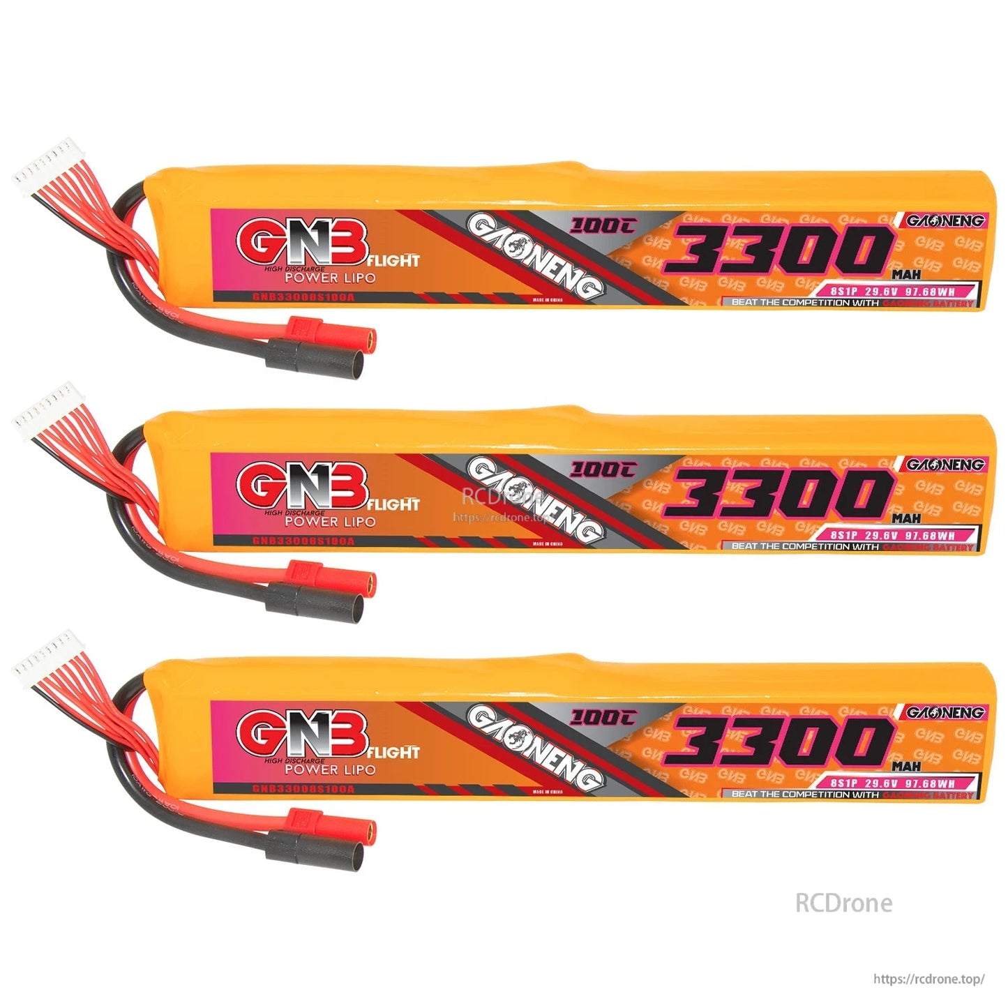 Three GNB 8S 3300mAh 100C LiPo batteries shown as a set with balance leads and XT150 plugs
