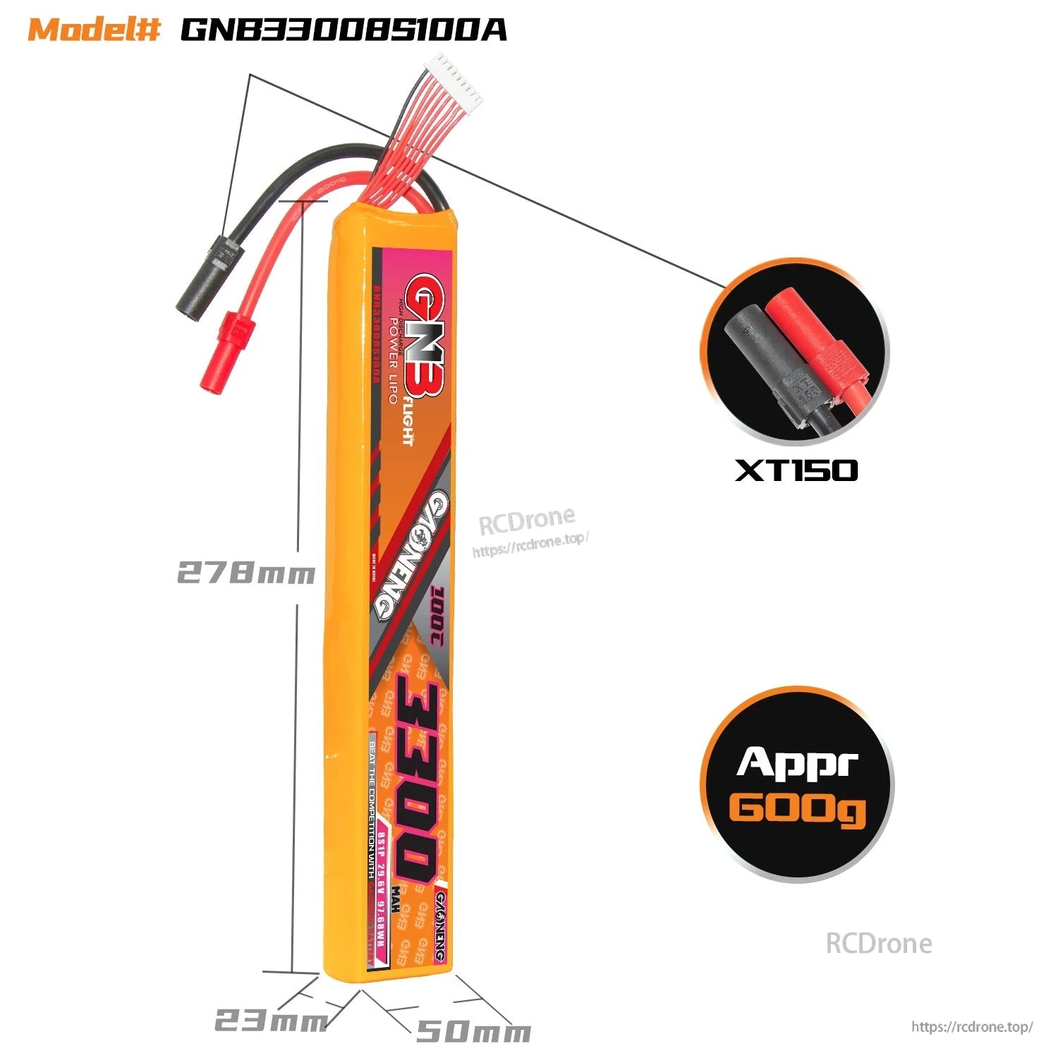 GNB 8S 3300mAh 100C LiPo dimensions 278×23×50mm, approx 600g, XT150 connector close-up