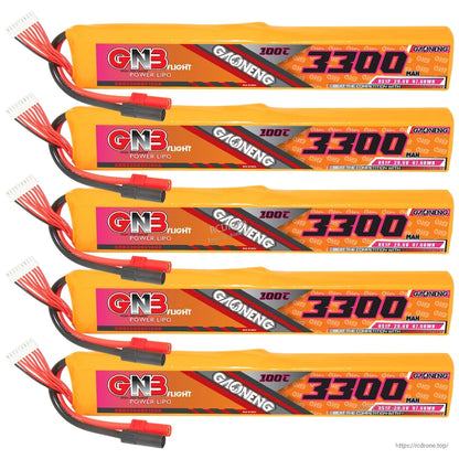 Five GNB 8S 3300mAh 100C LiPo batteries stacked display showing labels and connectors