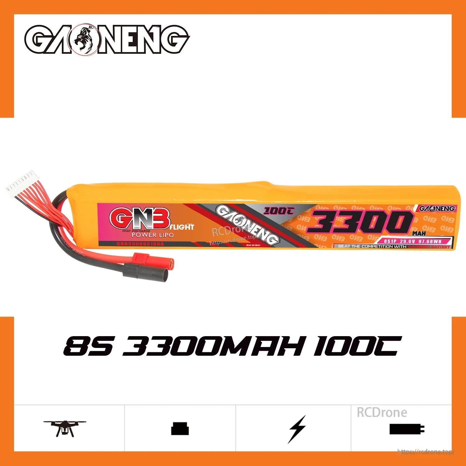 GAONENG GNB 8S 29.6V 3300mAh 100C LiPo Battery pack side label view on white background