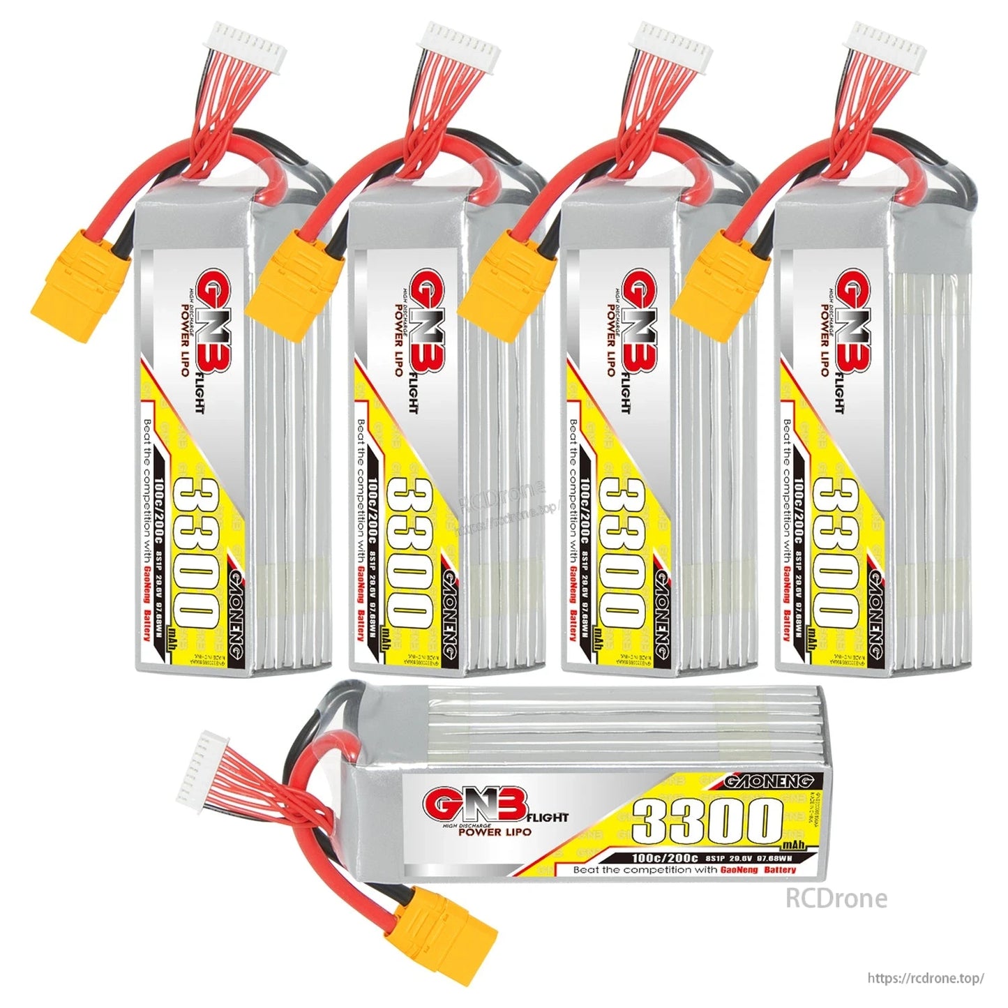 Five GNB 3300mAh LiPo batteries shown as set, four upright plus one horizontal